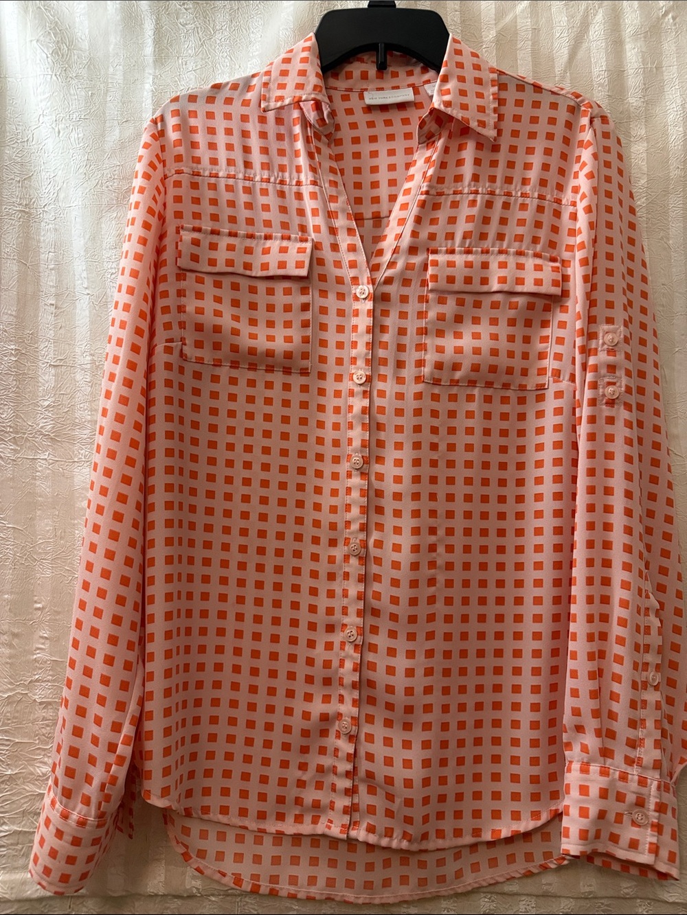 New York & Company Coral and White Checked Button-Down Shirt, Size M